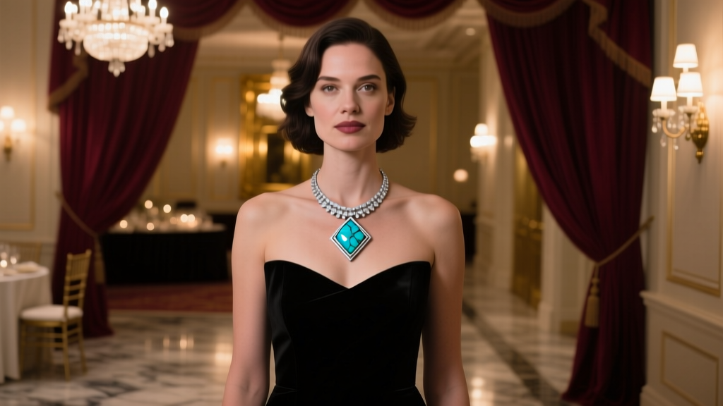 A woman wearing a sterling silver necklace with rare Lander Blue turquoise stones at a dimly lit, formal anniversary dinner event.
