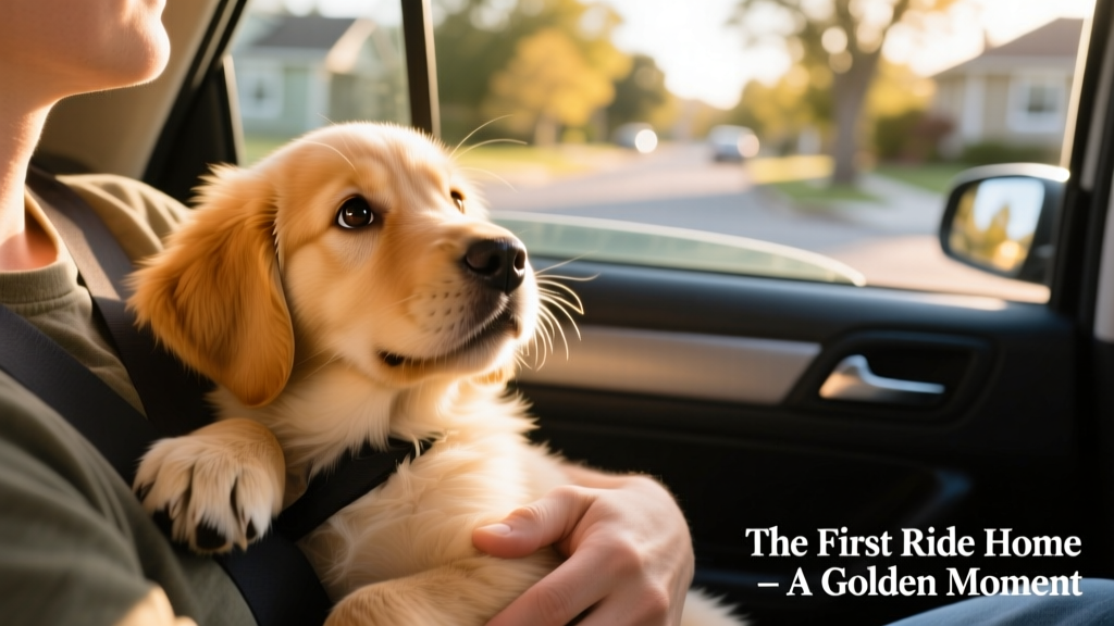 Close-up of a golden retriever puppy’s face, eyes bright and relaxed, resting against a person’s chest in a car seat