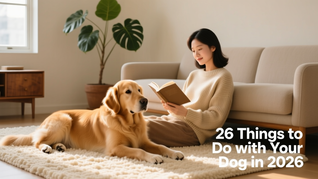 A relaxed dog lying on a cozy rug beside their owner, who is reading a book—both calm and connected