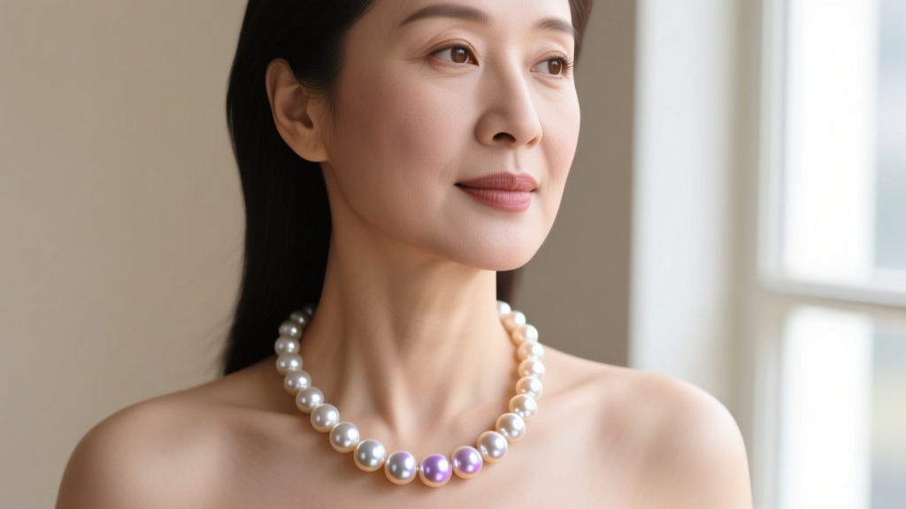 Close-up of a woman wearing an 18-inch Akoya pearl necklace, showing the sharp mirror-like luster and round shape of each pearl
