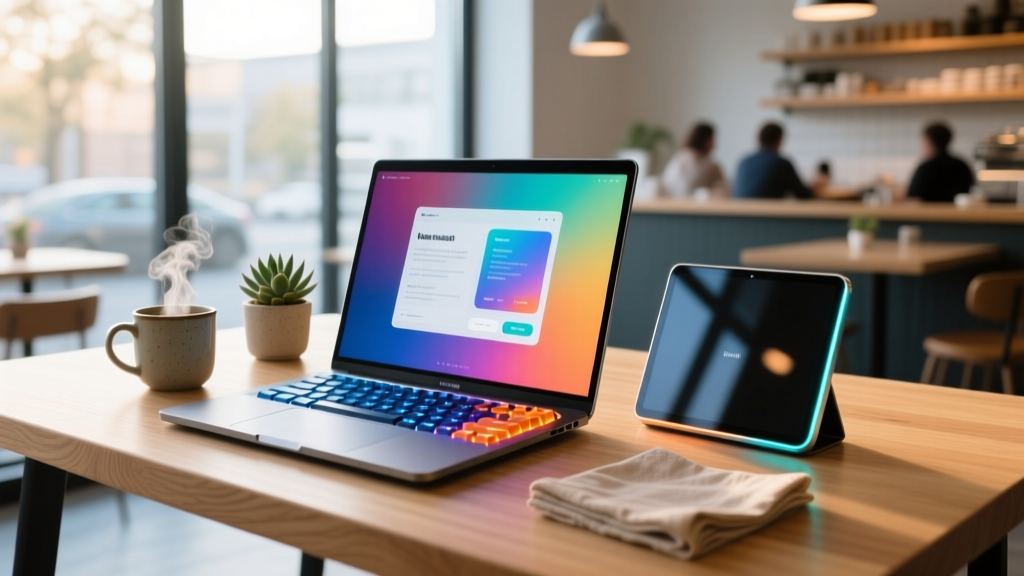 A sleek dual-screen laptop setup on a minimalist coffee shop desk, featuring a glowing portable OLED monitor and a mechanical keyboard.
