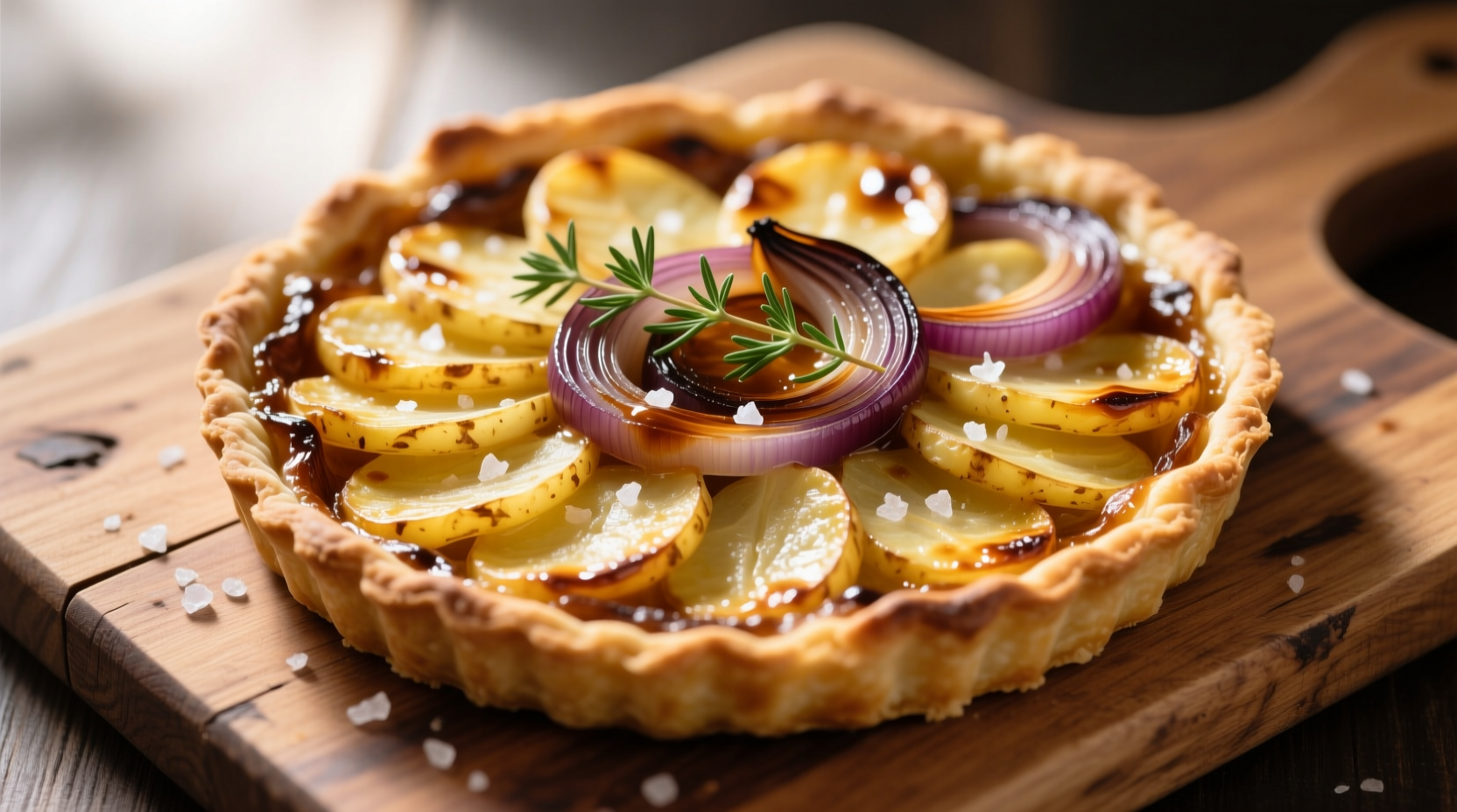 Golden brown potato tart with caramelized onions on wooden board