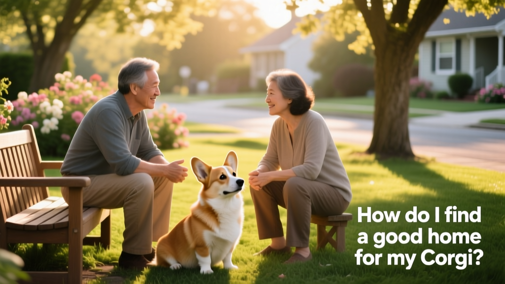 A friendly conversation between two adults outdoors, with a Corgi sitting calmly between them, suggesting a thoughtful adoption discussion
