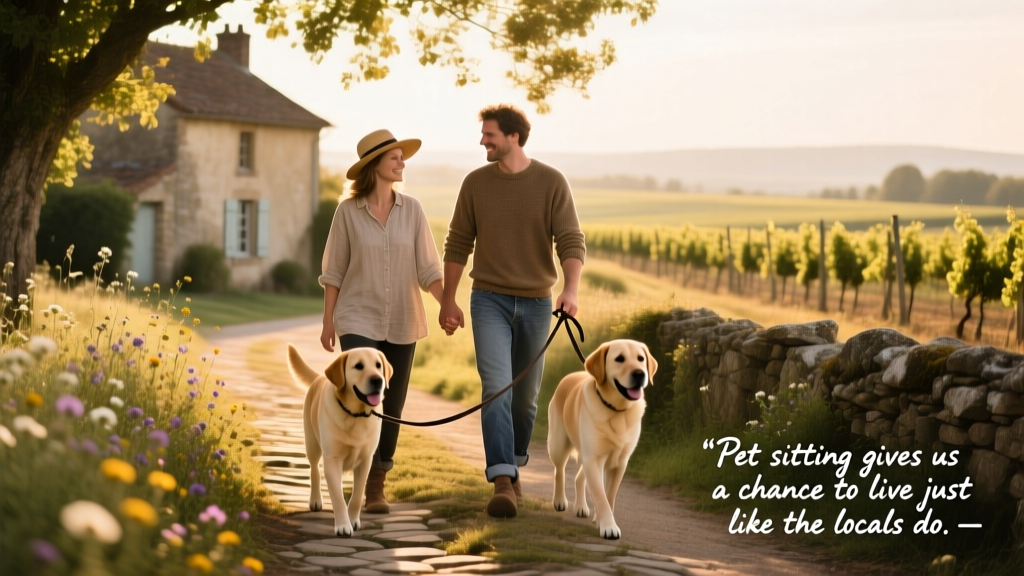 Gill and Andy walking the two Labrador Retrievers along a sun-dappled country lane near the French farmhouse