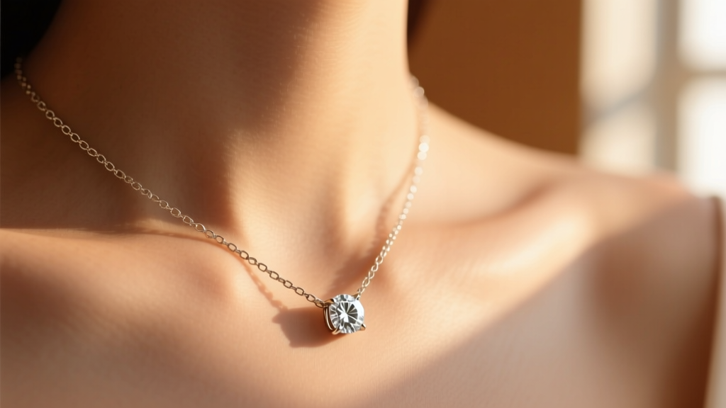 Delicate 1.2mm 14k white gold box chain necklace with diamond pendant worn on collarbone against a blurred warm background light.