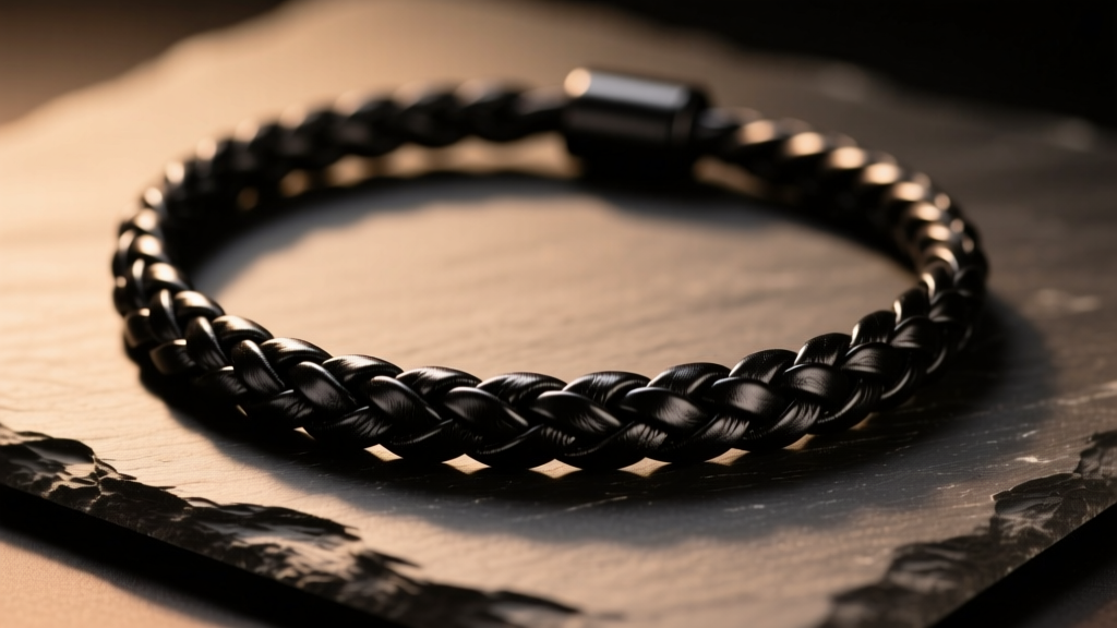 Close-up of a braided 4mm black full-grain leather rope necklace on dark slate, illuminated by warm directional studio lighting