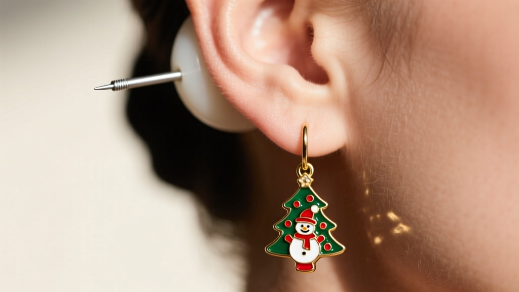 Side view of a 20-gauge silver post with a silicone disc back holding a heavy enamel holiday dangle earring on a soft earlobe.