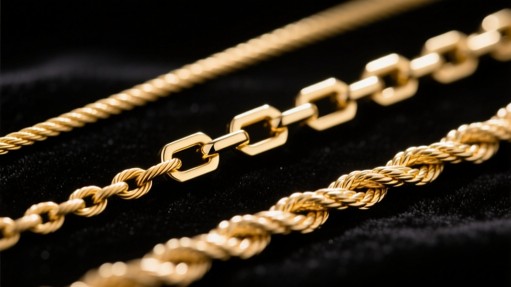 Macro shot of three gold chains: 1mm cable, 1.2mm box, and 1.5mm rope textures on dark velvet, bright studio lighting setup.