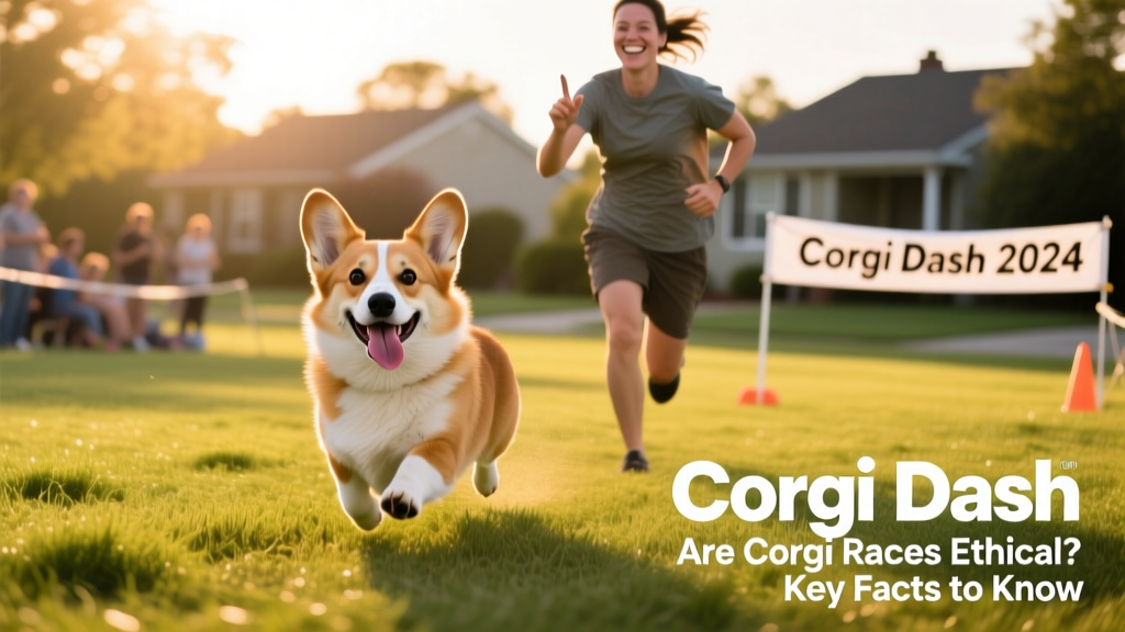 A corgi mid-stride during a friendly race, tongue out and ears perked, with a smiling owner running beside