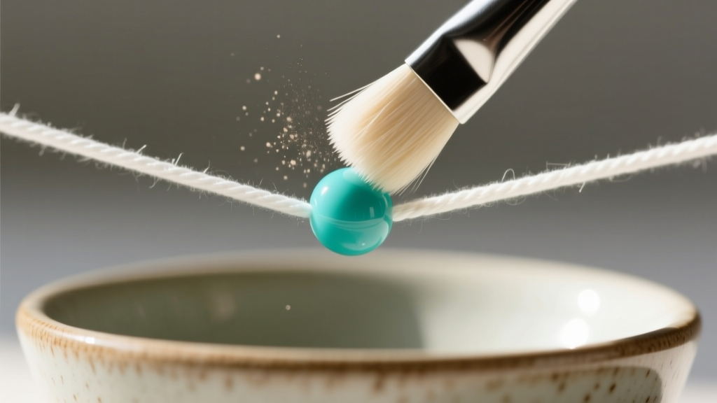 Close-up of a soft bristle brush gently cleaning a turquoise bead on a white nylon string necklace over a ceramic bowl