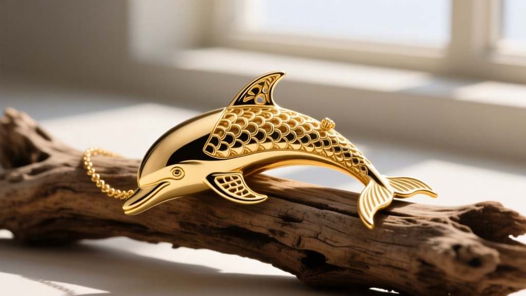 Close-up of a 14k yellow gold dolphin necklace on driftwood, soft natural sunlight highlighting the intricately cast fins and tail.