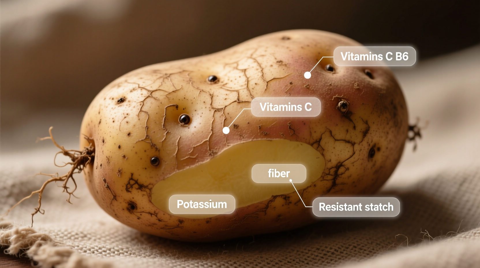 Medium potato with skin showing nutritional components
