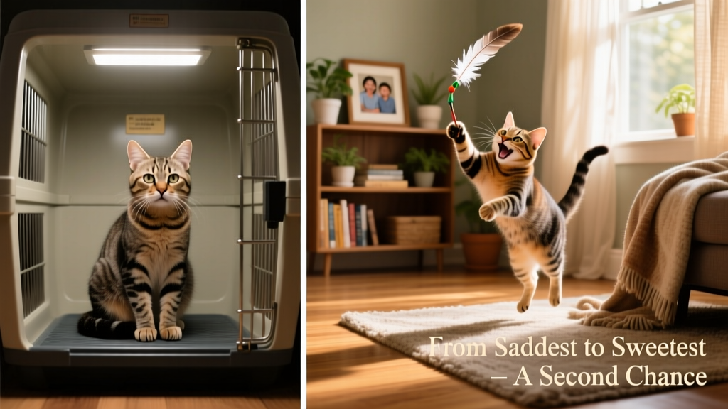 Side-by-side comparison: left image shows the cat in the shelter crate; right image shows him playfully batting at a feather toy in a cozy home setting