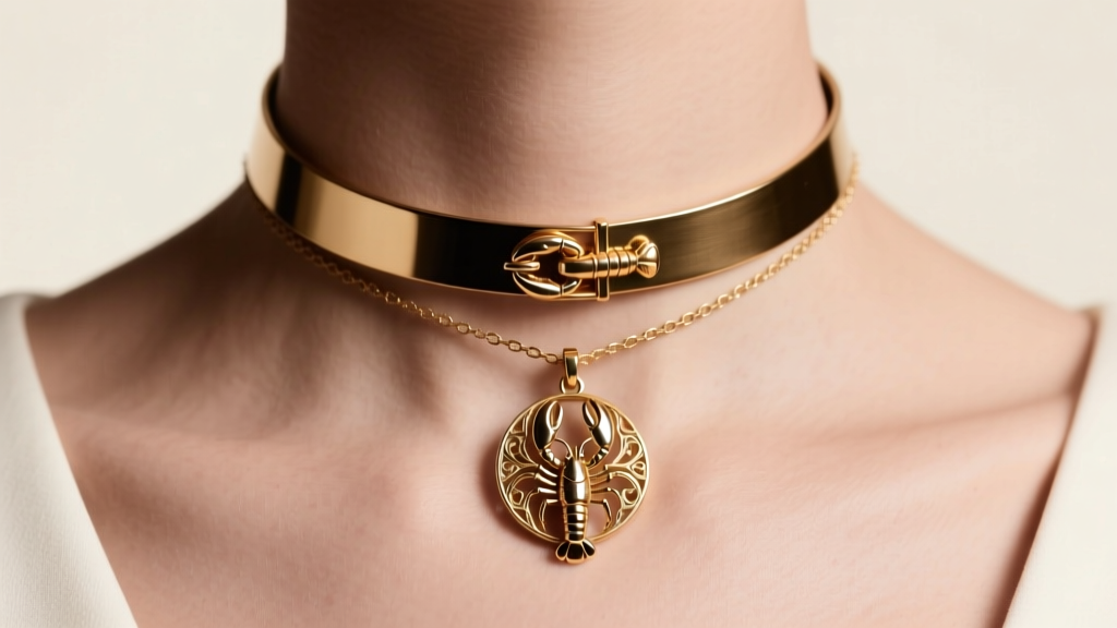 Close-up of a neckline wearing a 16-inch choker and 18-inch pendant, showing the brass lobster clasp and extender chain detail.