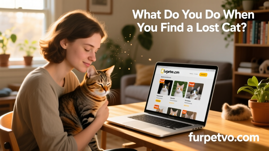 A person gently holding a calm, tabby cat while reviewing adoption profiles on a laptop screen displaying furpetvo.com