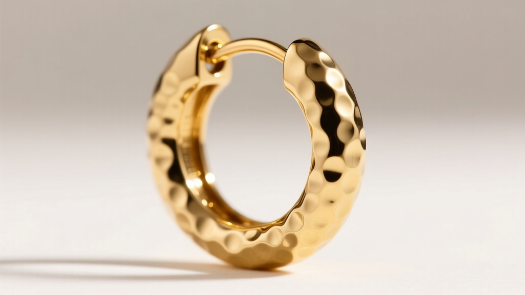 Macro photography of an 18-gauge gold-filled hammered hoop earring showing the dimpled texture and secure latch-back closure