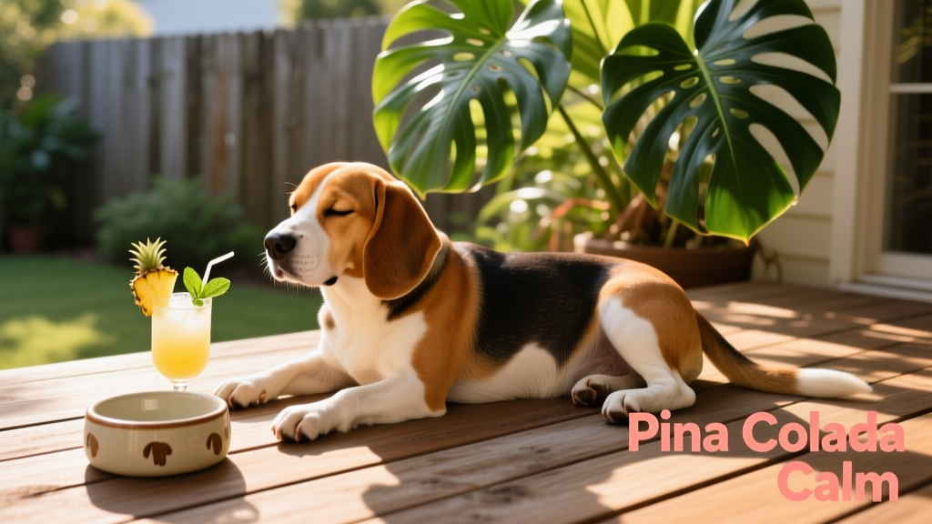 A relaxed beagle resting on a sunlit patio with an empty dog bowl nearby and a tropical plant in the background