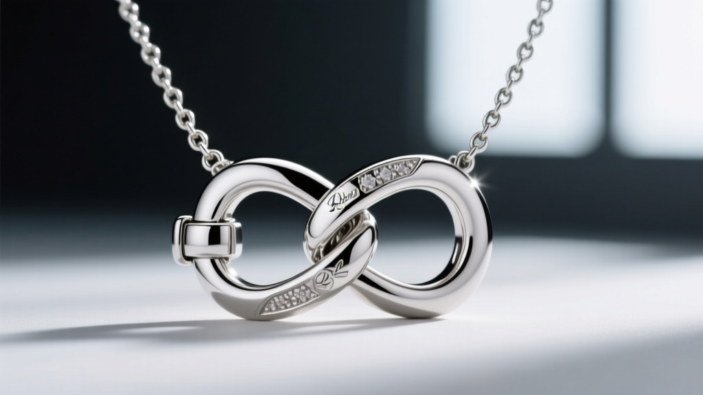Macro view of a platinum box clasp with a figure-eight safety latch on a tennis necklace against a softly blurred dark background