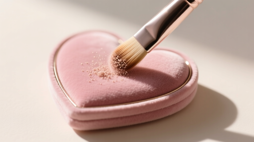 Close-up of a soft-bristled brush gently sweeping dust from the deep crevices of a blush pink suede heart-shaped jewelry liner.