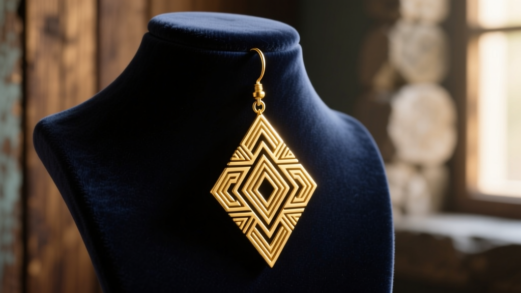 Close-up of an 18k gold vermeil dangle earring with 1970s tribal geometric etchings, hanging from a velvet display bust in shadows