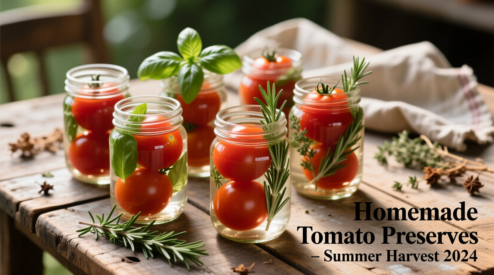 Fresh tomato preserves in mason jars with herbs