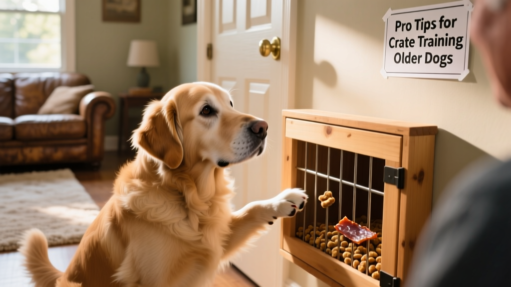 Dog sniffing curiously at a closed crate door with visible treats inside