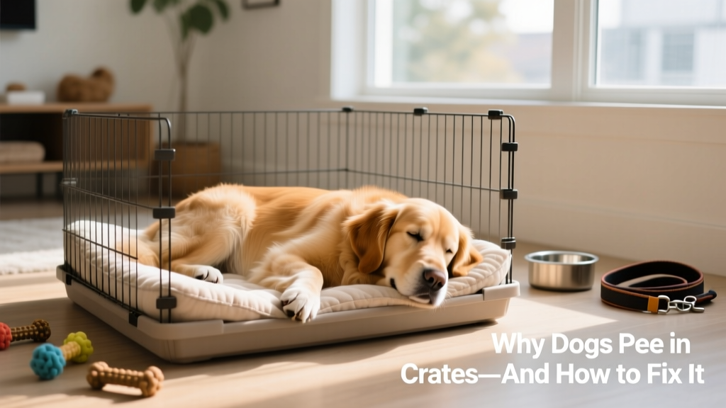 A calm, well-rested dog lying comfortably in a properly sized crate with soft bedding