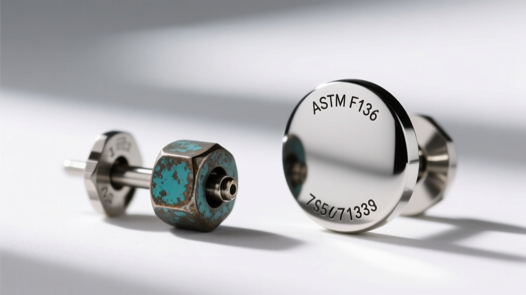 Macro shot comparing a tarnished zinc alloy earring post next to a polished ASTM F136 titanium post with laser markings