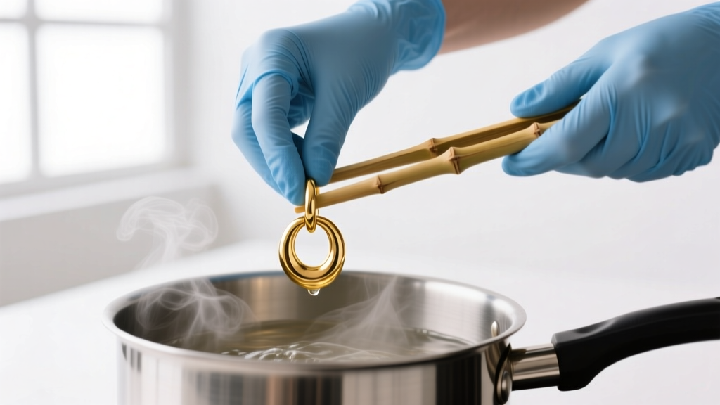 Hands in blue gloves using bamboo tongs to lift a sterilized 14k gold huggie earring from a stainless steel pot of steaming water.