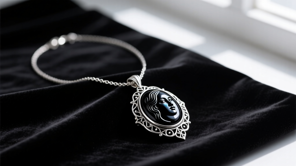 Flat-lay of an oxidized sterling silver gothic necklace with a large black onyx cameo pendant resting on dark velvet fabric