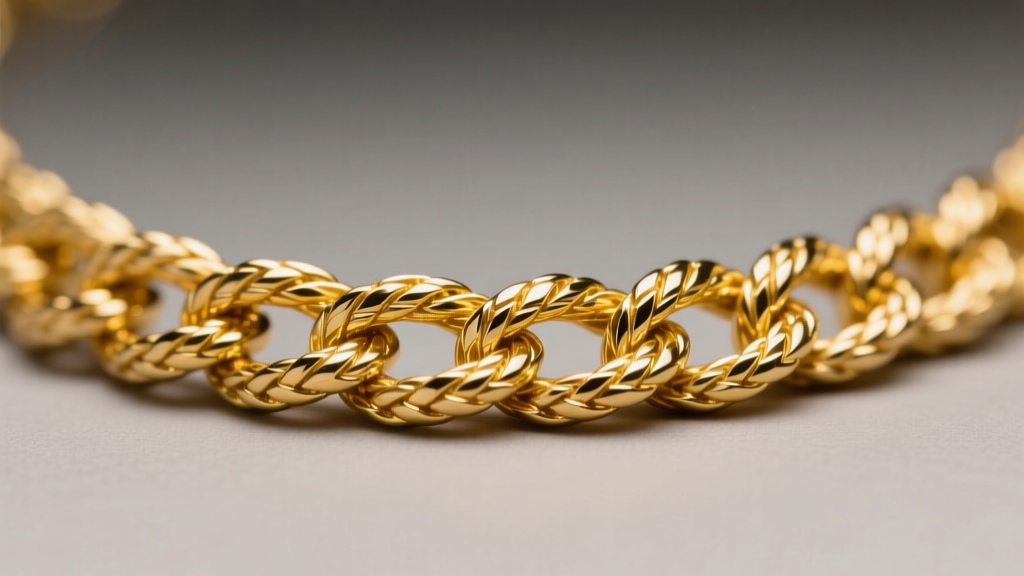 Macro photography of a 14k yellow gold rope necklace chain, highlighting the twisted, diamond-cut links reflecting studio lighting.