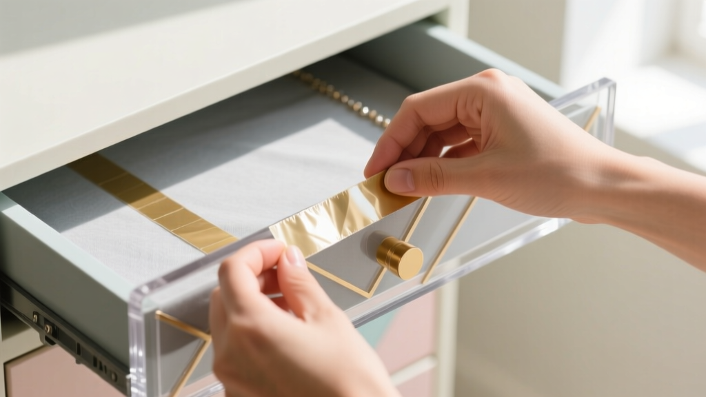 Close-up of hands applying anti-tarnish fabric inside a plastic themed jewelry drawer using double-sided archival tape.