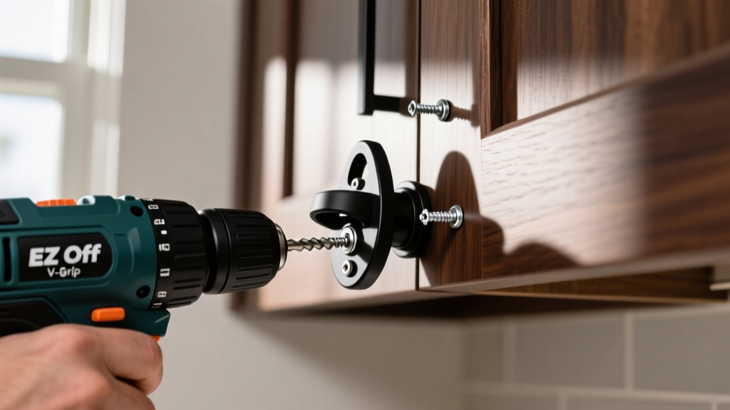 Person using a power drill to mount a black EZ Off V-grip jar opener underneath a dark wood kitchen cabinet with silver wood screws