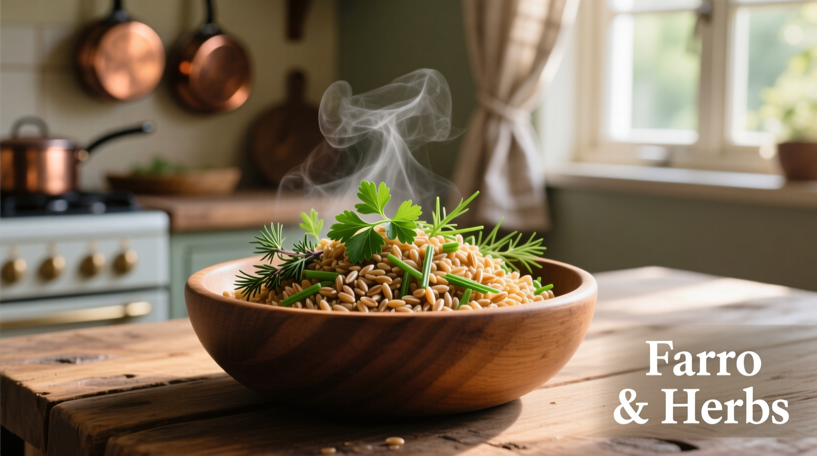 Cooked farro in wooden bowl with herbs