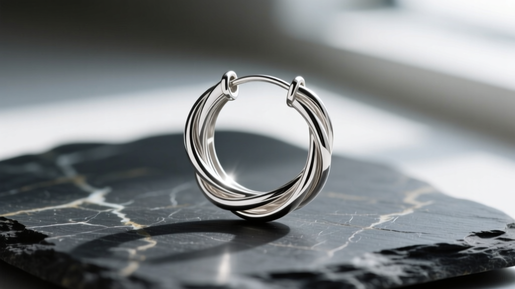 Macro shot of a sterling silver crossover hoop earring with overlapping wire ends, resting on a dark textured slate surface