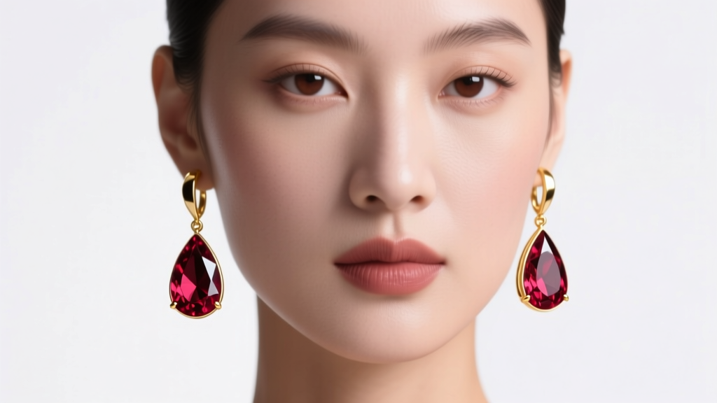 Close-up of a model wearing asymmetric 18k gold drop earrings featuring pear-cut Burmese rubies, soft studio lighting, editorial