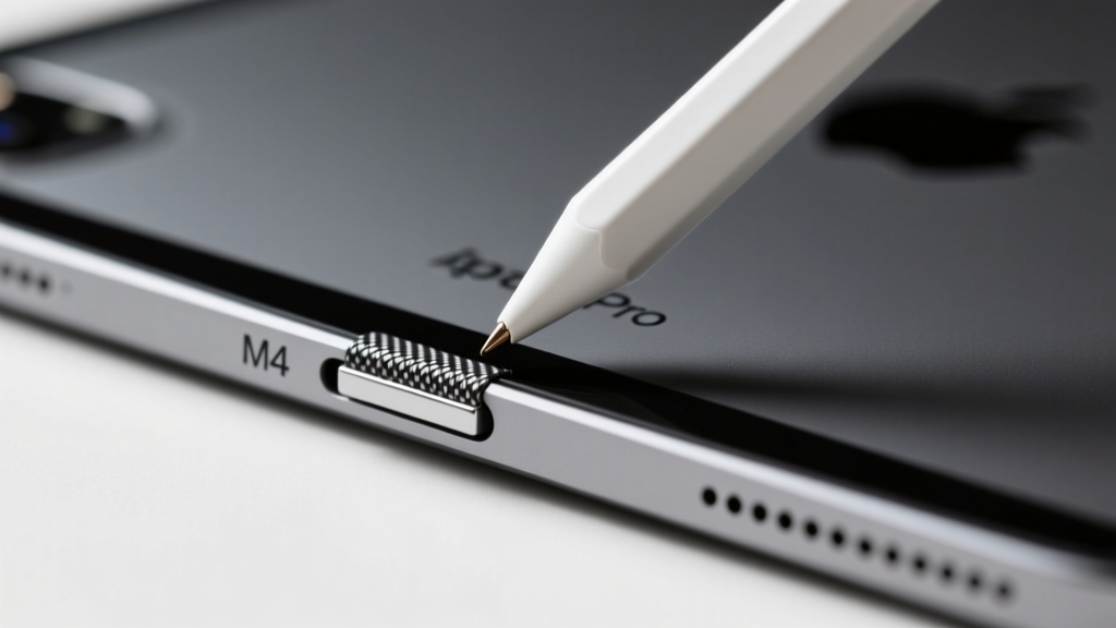 Close-up macro shot of an Apple Pencil Pro magnetically snapping onto the side of an iPad Pro M4, highlighting the ultra-thin 1.1mm aramid fiber case edge