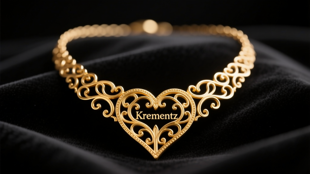 Vintage Krementz gold heart necklace on black velvet, showing intricate filigree details and warm gold tones under soft lighting.