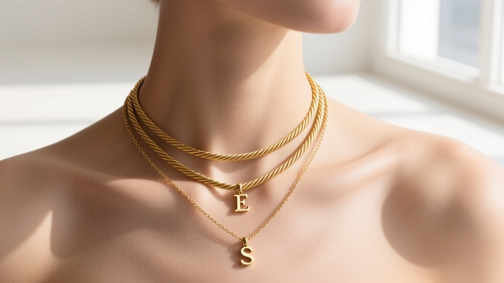 Three delicate layered gold cable necklaces with tiny initial pendants on a collarbone, lit by soft natural window light.