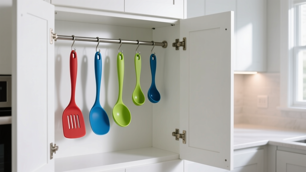 Open white kitchen cabinet door revealing a tension rod setup with kitchen gadgets hooks holding silicone spatulas and measuring spoons