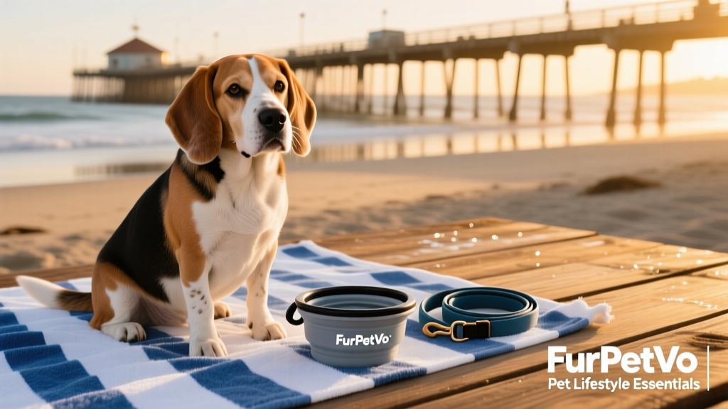 A senior beagle sitting calmly on a striped beach towel beside a FurPetVo-branded collapsible water bowl and leash coiled nearby, with Goleta Pier visible in the distance