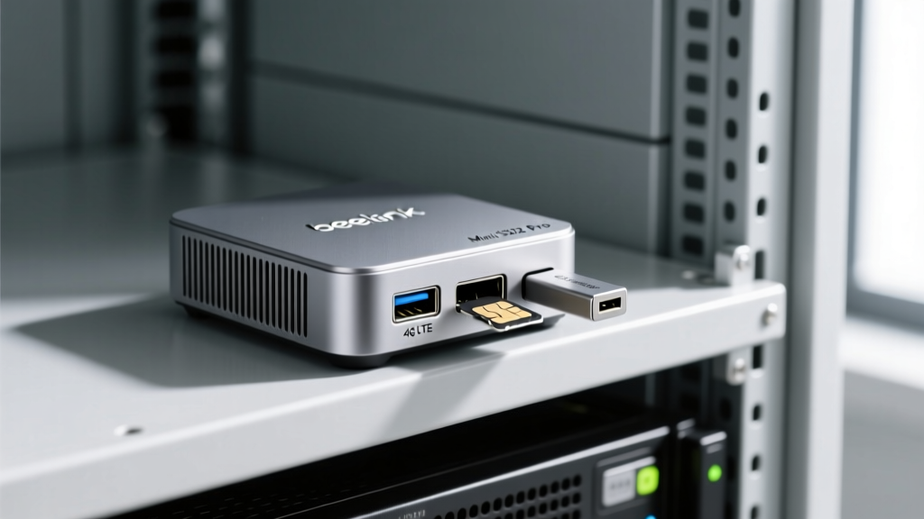 Beelink Mini S12 Pro on server rack shelf with USB 4G LTE dongle plugged into the back and a partially ejected SIM tray.