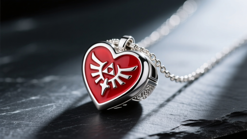 Close-up of a sterling silver Zelda heart container necklace with vibrant red hard enamel resting on a dark slate surface.