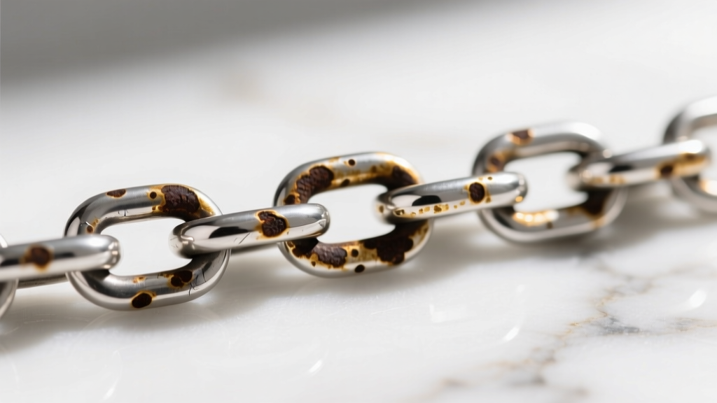 Close-up of a tarnished 925 sterling silver chain link with dark brown oxidation spots against a clean white marble background