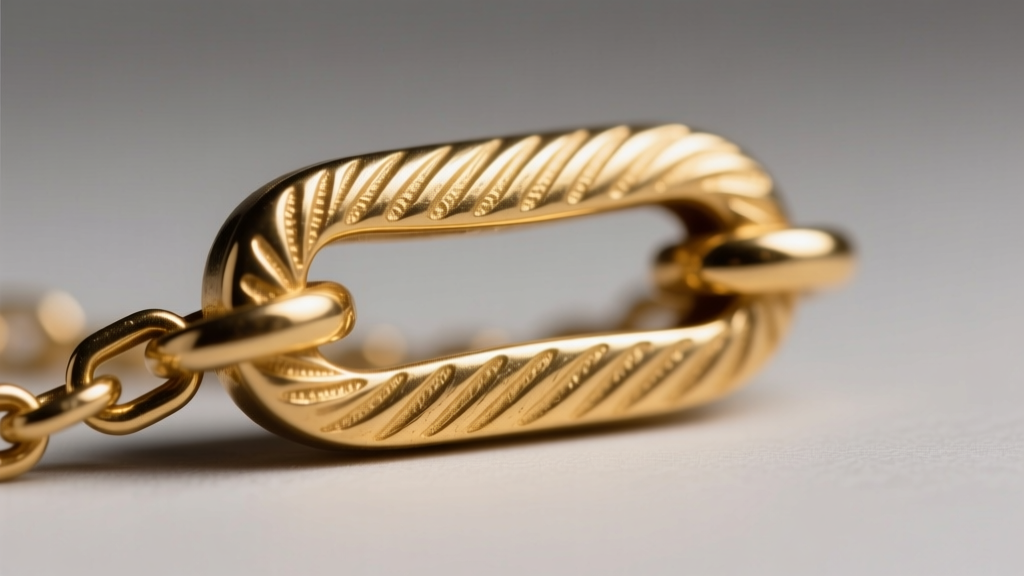 Macro shot of a worn gold pendant bail showing visible friction grooves from chain rubbing against a neutral grey backdrop