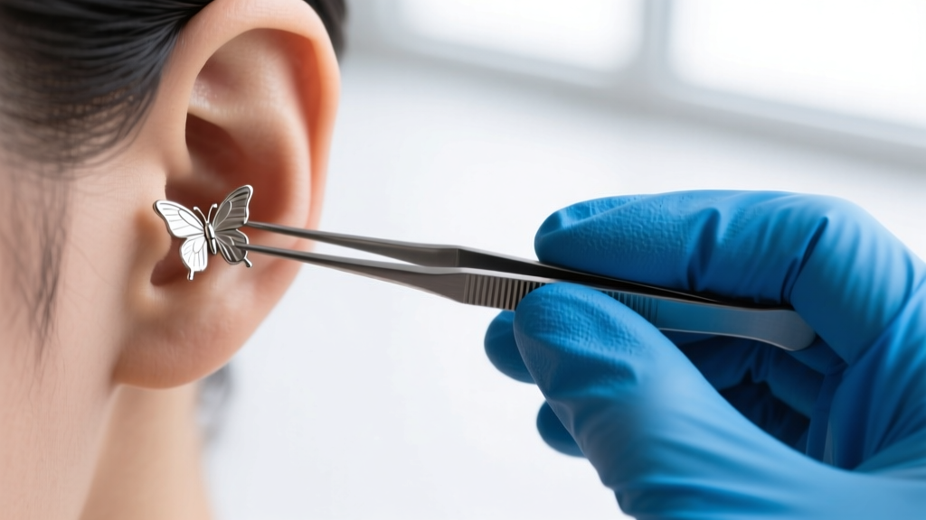 Hands wearing blue nitrile gloves using rubber tweezers to carefully remove a stuck titanium butterfly earring back from a lobe.