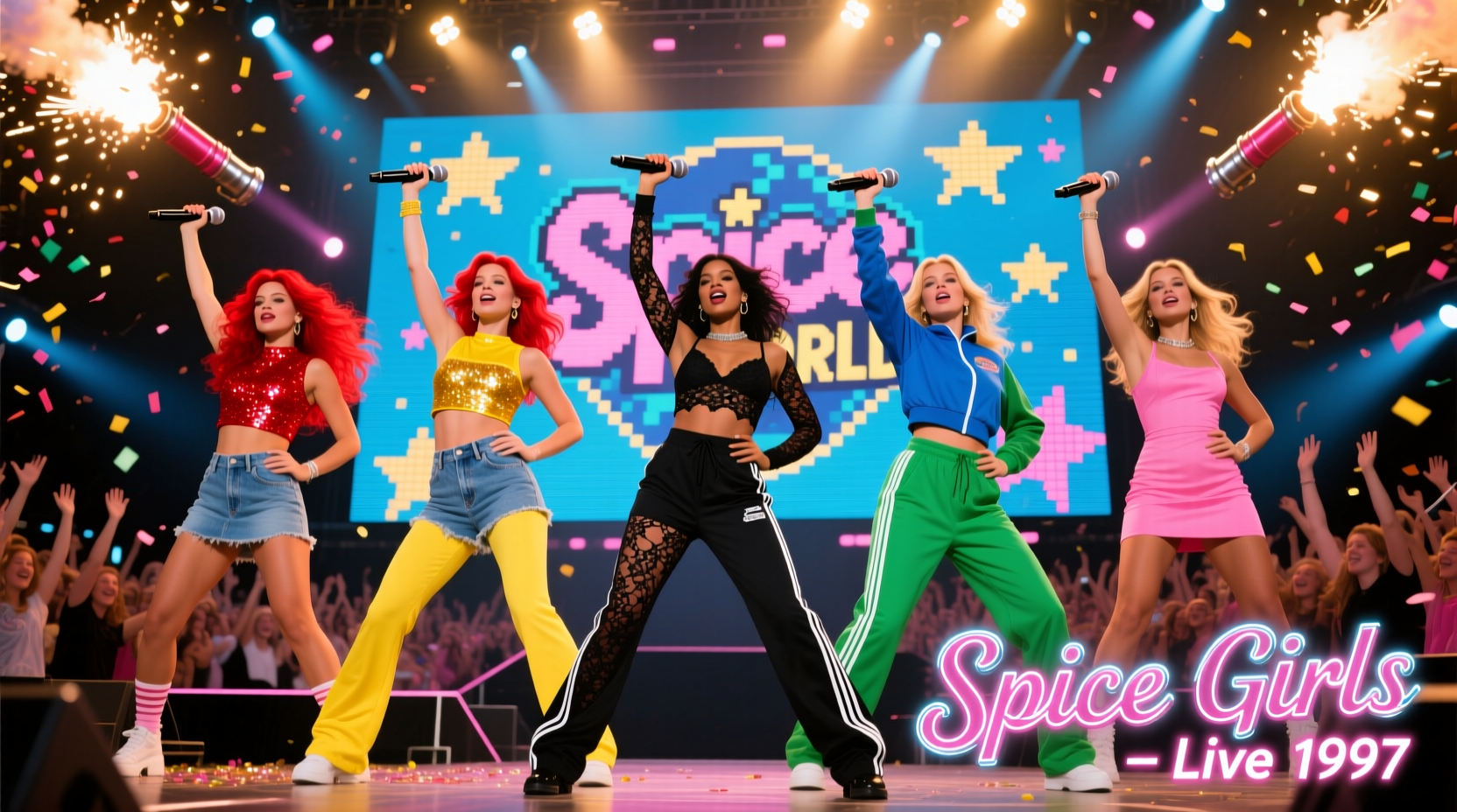 Spice Girls performing on stage in 1997