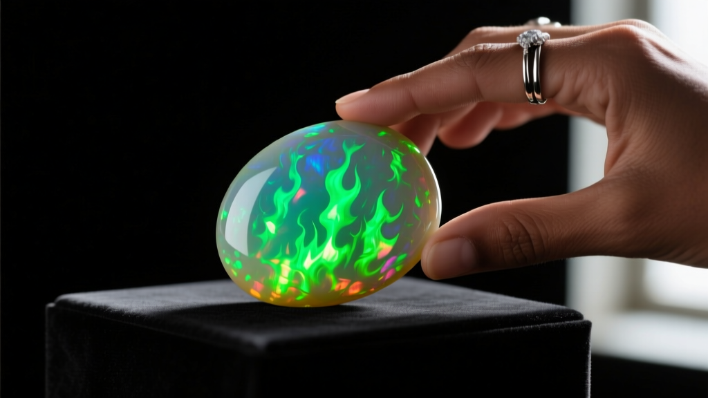 Macro shot of an Ethiopian Welo opal cabochon displaying vibrant neon green fire beside a jeweler's steel loupe on a dark desk.