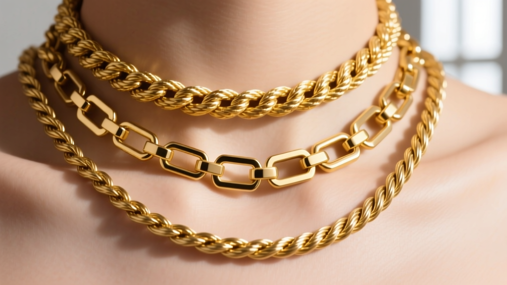 Close-up of three layered gold chains, a 16-inch rope, 18-inch box, and 20-inch cable, showing distinct link textures on skin