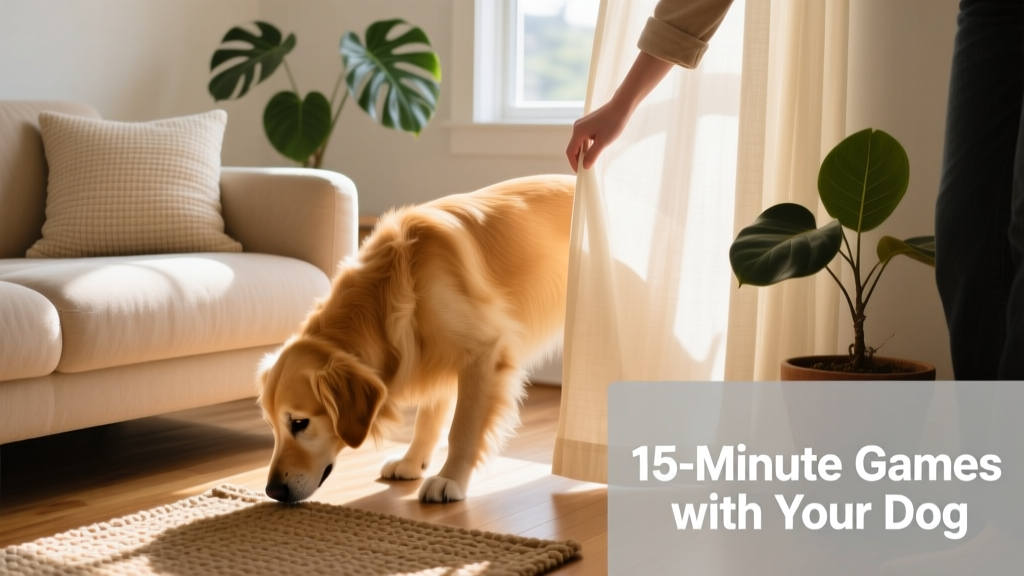 Dog sniffing intently near a sofa while owner hides just out of view behind a curtain
